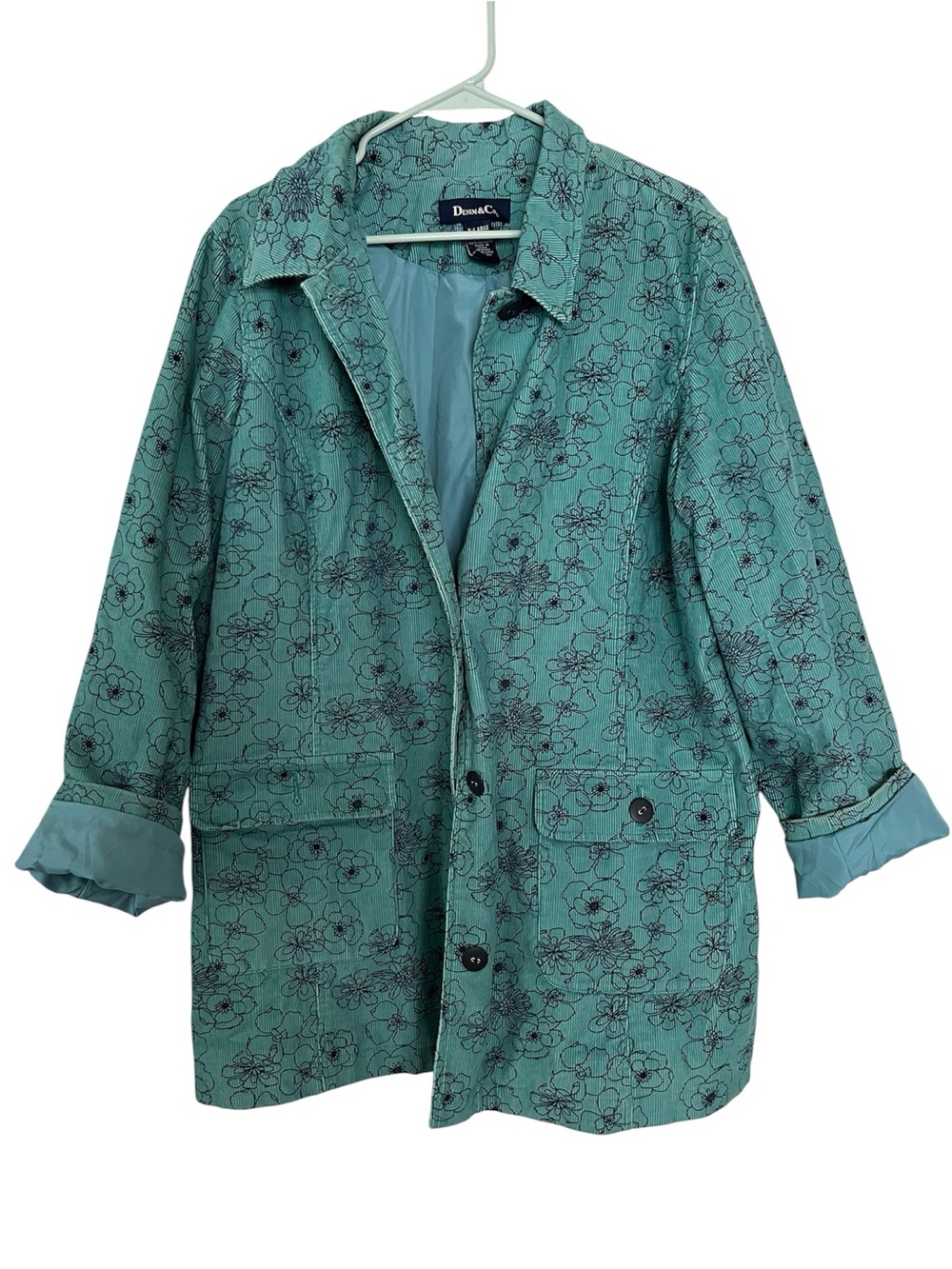 Denim & Co  XL Teal Floral Corduroy Button Down Lined  Jacket